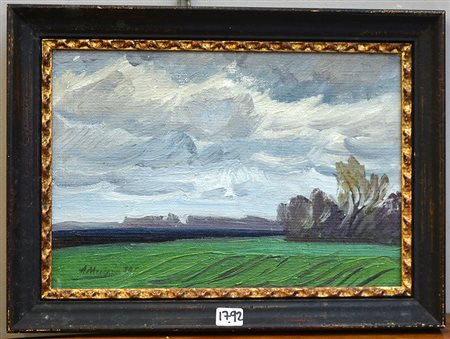 Firma indecifrata, "Paesaggio" olio su masonite (cm 21x31) firmato in basso a...