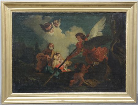 Scuola del Sec. XVIII, "Madonna con Sacra Famiglia e l'angelo" olio su tela...