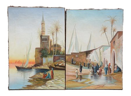 Ignoto, "Paesaggi orientali con figure" coppia di olii su tela (cm 72x48)