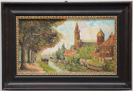 Ignoto, "Scorcio di paese con fiume" olio su cartone (cm 18x32) firmato in...