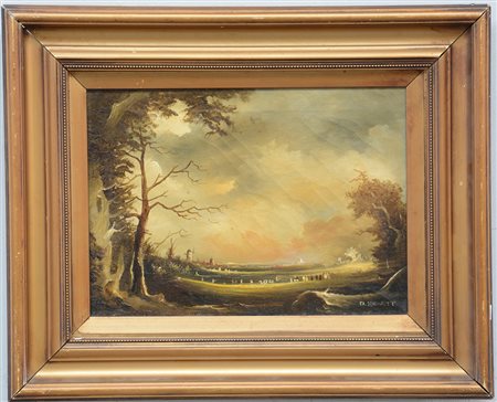 Ignoto, "Paesaggio con albero e figure" olio su tela (cm 25x36) firmato in...