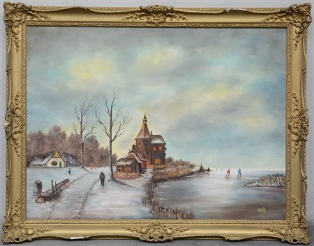 Ignoto, "Paesaggio nordico" olio su tela (cm 83x111) firmato in basso a...