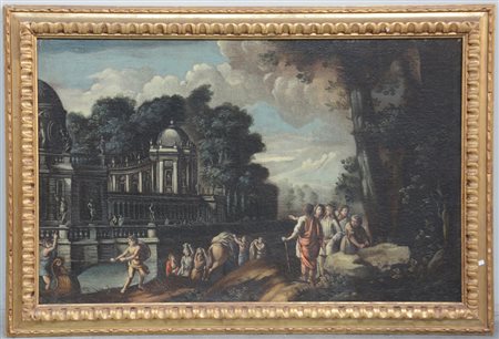 Scuola fiamminga del sec. XVIII, "Paesaggio con architetture e figure" olio...