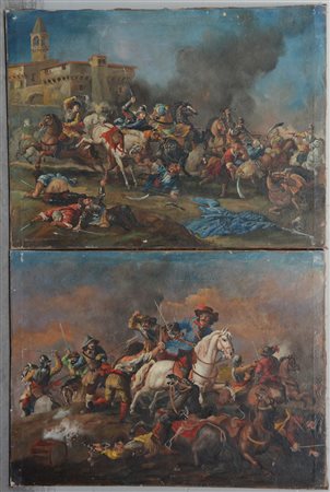 Ignoto, "Scene di battaglie di cavalleria" coppia di olii su tela (cm 60x80)
