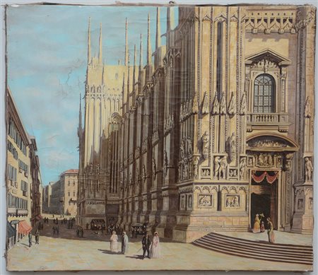 Ignoto, "Scorcio del Duomo di Milano con figure", olio su tela (cm 57x67)....
