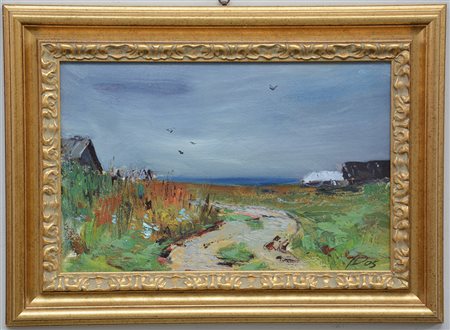 Firma indecifrata, "Campagna" olio su cartone (cm 29x45), firmato in basso a...