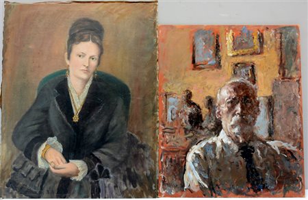 Lotto di due ritratti, di uomo e gentildonna, su cartone pressato e tela (cm...