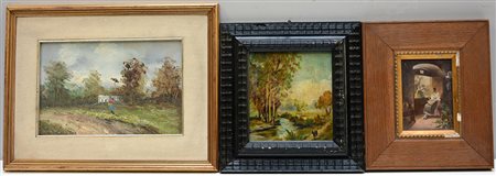 Lotto di tre dipinti ad olio su tavola raffiguranti paesaggi e interno con...