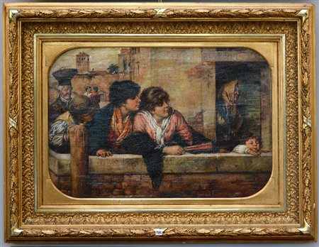 Ignoto "I curiosi" olio su tela (cm 50x82) in cornice in legno e pastiglia...