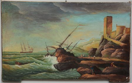 Ignoto, "Marina con velieri e roccaforte" olio su tela sagomata (cm 70x97)
