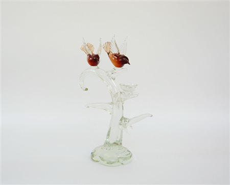 Manifattura di Murano, scultura in vetro raffigurante uccelli su ramo,...