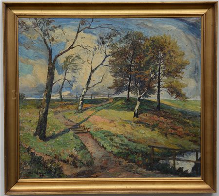 Ignoto, "Paesaggio boschivo" olio su tela (cm 75x85). In cornice