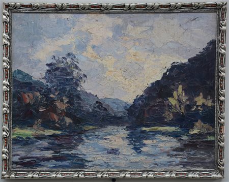 Ignoto, "Paesaggio fluviale" olio su compensato (cm 30x40). In cornice