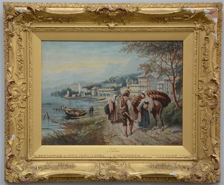 Vincent J. "Paesaggio lacustre con contadini" olio su tela (cm 30x40) firmato...