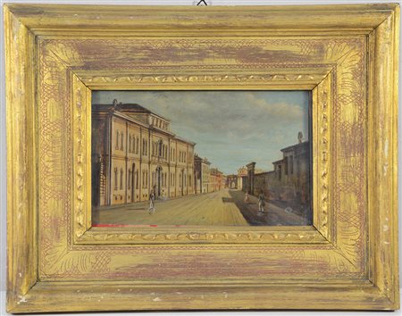 Ignoto, "Scorcio di citt‡ con figure" olio su tavoletta (cm 16x26). In cornice