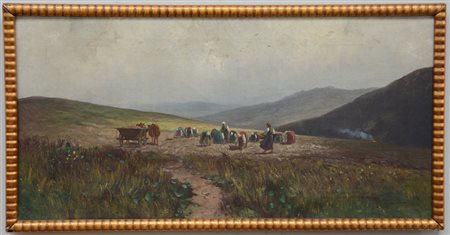 Firma indecifrata, "Paesaggio con contadine" olio su tela (cm 35x69) firmato,...