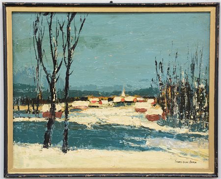 Firma indecifrata "Paesaggio invernale con alberi" olio su cartone (cm 39x48)...