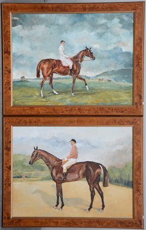 Ignoto, "Purosangue con fantino" coppia di olii su tela (cm 60x80). In cornice