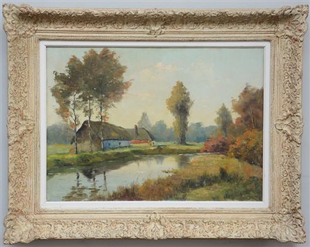 Firma indecifrata, "Paesaggio fluviale con case" olio su tela (cm 50x70)...