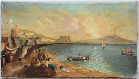 Ignoto, "Paesaggio Napoletano con Vesuvio sullo sfondo" olio su tela (cm 50x90)