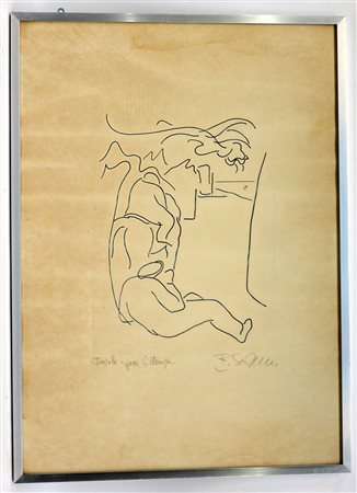 Firma indecifrata, "Favola", litografia, prova di stampa (cm 67x48) firmata a...