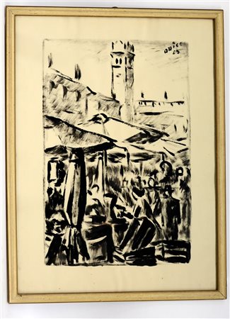 Firma indecifrata, "Il mercato", tecnica mista su carta (cm 65x48) firmato e...