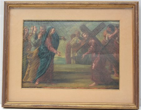 Ignoto "Scena della Via Crucis"olio su tavola (cm 31x43) (difetti) In cornice