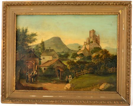 Scuola del sec. XIX "Paesaggio montano con figure" olio su lamiera (cm 48x64)...