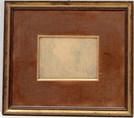 Ignoto "Studio con figure e case" bozzetto a matita su carta (cm 13.5x18.5)...