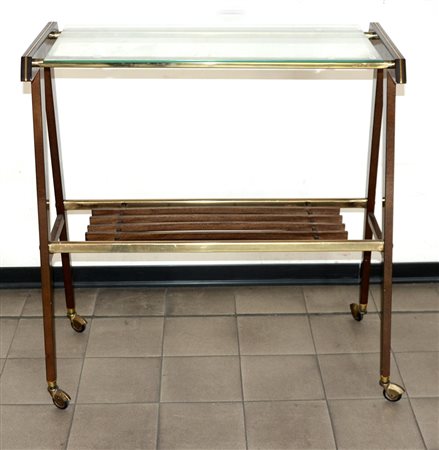 Carrello porta televisore in legno massello e metallo ottonato con ripiano in...