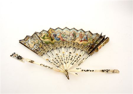 Manifattura del sec. XIX. Ventaglio con stecche in madreperla e pagina in...