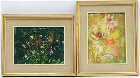 Ignoto, due dipinti ad olio di misure diverse raffiguranti fiori, in cornici