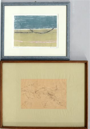 Lotto composto da un bozzetto a china raffigurante un paesaggio, siglato in...