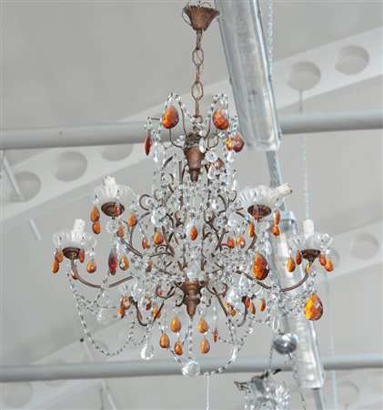 Lampadarietto a sei luci con gocce policrome decorato a perlinature (difetti)