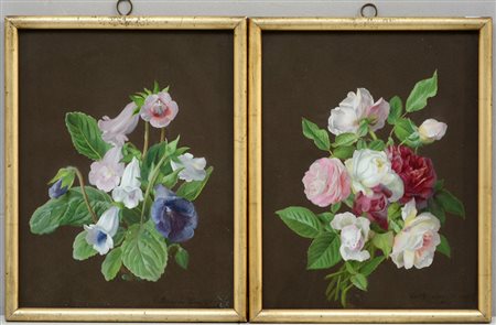 Firma indecifrata, coppia di tempere su carta raffiguranti fiori (cm 29x23)...