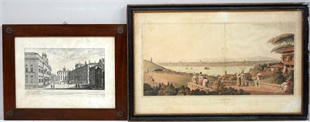 Lotto di due antiche incisioni raffiguranti una panoramica di Costantinopoli...