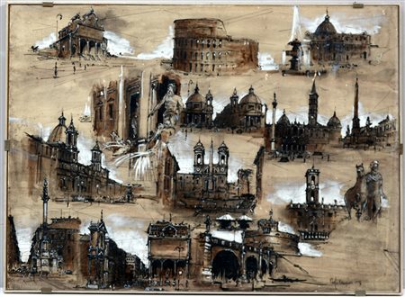 Firma indecifrata, disegno a tecnica mista raffigurante monumenti romani (cm...