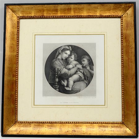 Incisione del sec. XIX raffigurante la "Madonna della seggiola" di Raffaello...