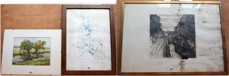 Lotto composto da un acquerello raffigurante paesaggio, una stampa...