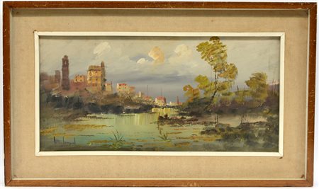 Ignoto "Paesaggio lacustre" olio su tela (cm 30x60) firmato in basso a...