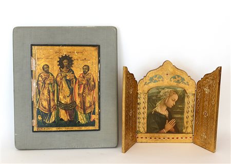 Lotto composto da un'icona montata su pannello e un'edicola votiva contenete...