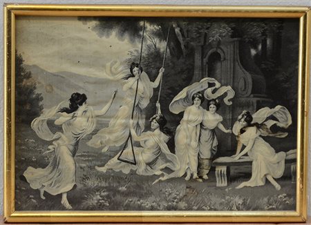 Tableau tissÈ Jaquard in nuance di grigi raffigurante danze nel parco (cm...