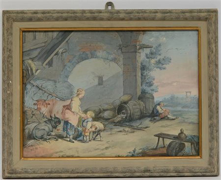Scuola del secolo XVIII - "Scena agreste", gouache su carta (cm 34x47) in...