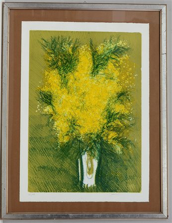 Firma indecifrata, "Vaso con mimose" litografia (cm 70x50) numerata 65/99 e...