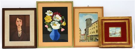 Cartone contenente numerose cornici alcune contenenti acquerelli e olii