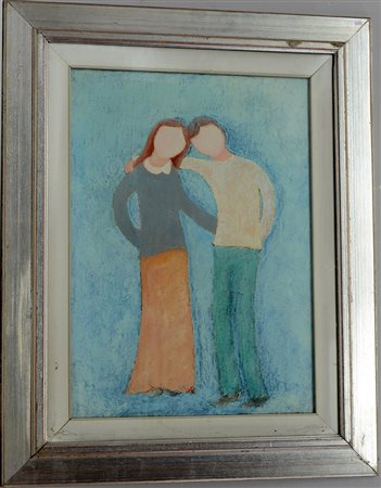 Firma indecifrata, "I due fidanzati" 1973, olio su tela (cm 70x50) firmato in...