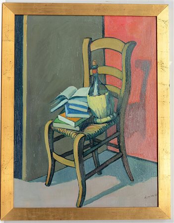 Damiano Damiani "Natura morta con sedia" 1963, olio su tela, (cm 80x60)...