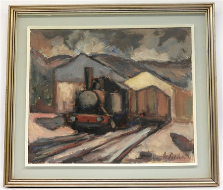 Renato Parlato "Locomotiva e rimessa", olio su tela (cm 50x60) firmato e...