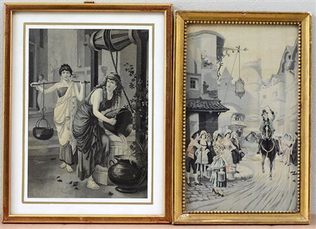 Lotto di due tableau tissÈ Jaquard uno raffigurante scena biblica in nuance...
