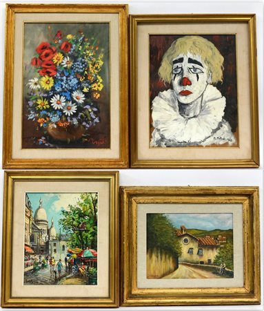 Lotto composto da quattro dipinti ad olio di misure, soggetti e autori diversi